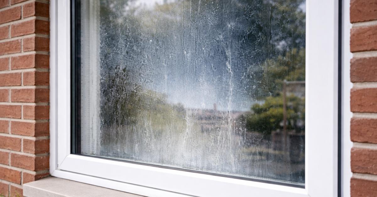 Buitenaanzicht van raam met vocht tussen glasplaten
